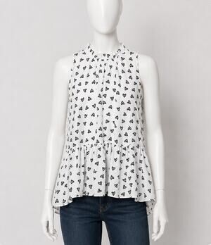 Loft White Peplum Top Black Hearts Sleeveless Ruffle Tie Neck and Ruffle Hem XSP